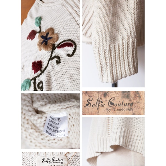 Cream Floral Embroidered Oversize Slouchy Sweater - Picture 4 of 8